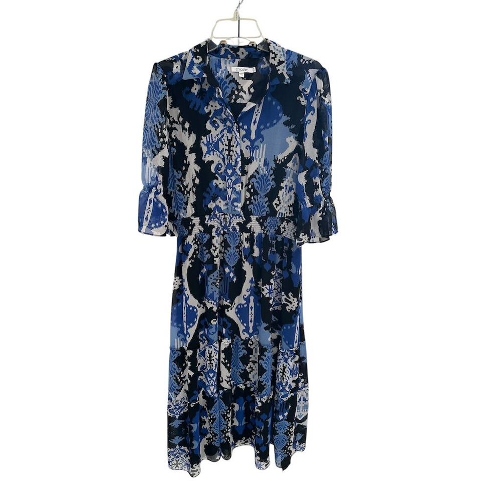 Chico's Women's Size 10 Blue Ikat Puff Sleeve Tiered Midi‎ Dress SI30